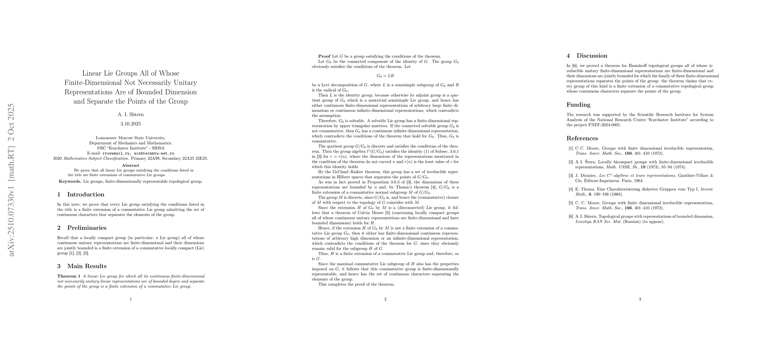 Thumbnail for Linear Lie Groups All of Whose Finite-Dimensional Not Necessarily
  Unitary Representations Are of Bounded Dimension and Separate the Points of
  the Group