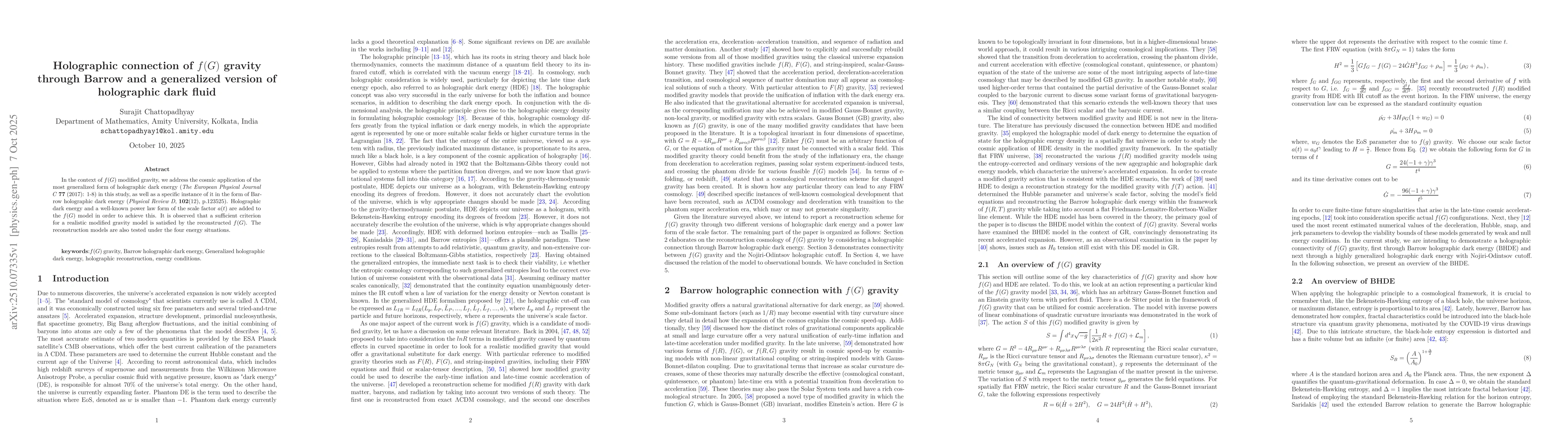 Thumbnail for Holographic connection of f(G) gravity through Barrow and a generalized
  version of holographic dark fluid