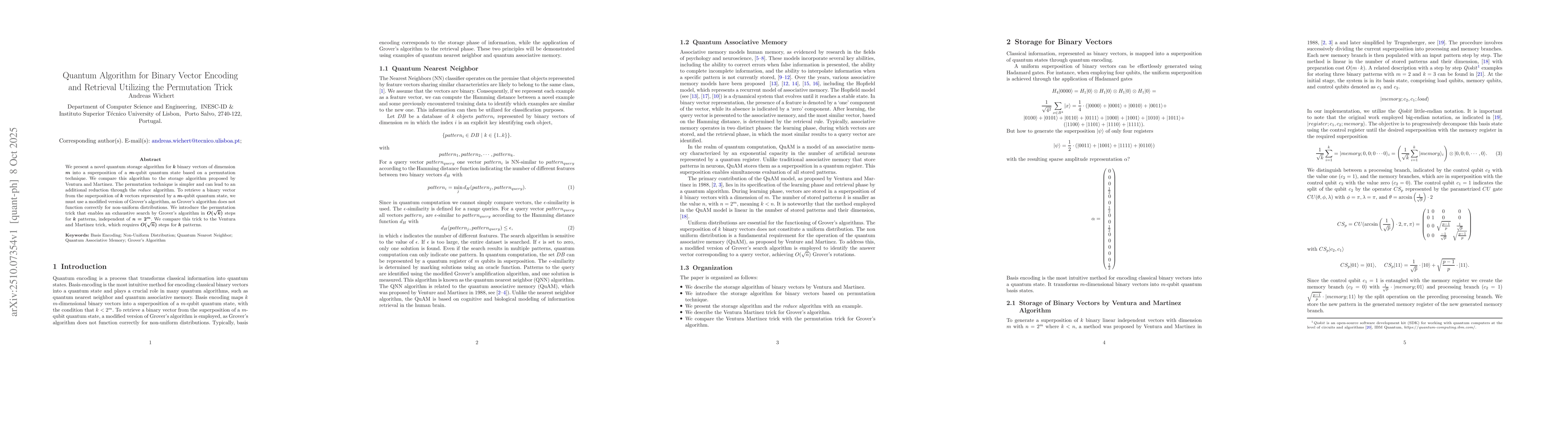 Thumbnail for Quantum Algorithm for Binary Vector Encoding and Retrieval Utilizing the
  Permutation Trick