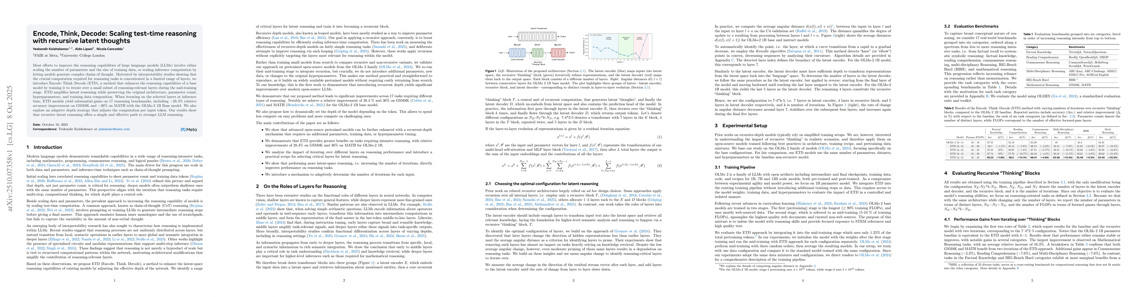 Thumbnail for Encode, Think, Decode: Scaling test-time reasoning with recursive latent
  thoughts