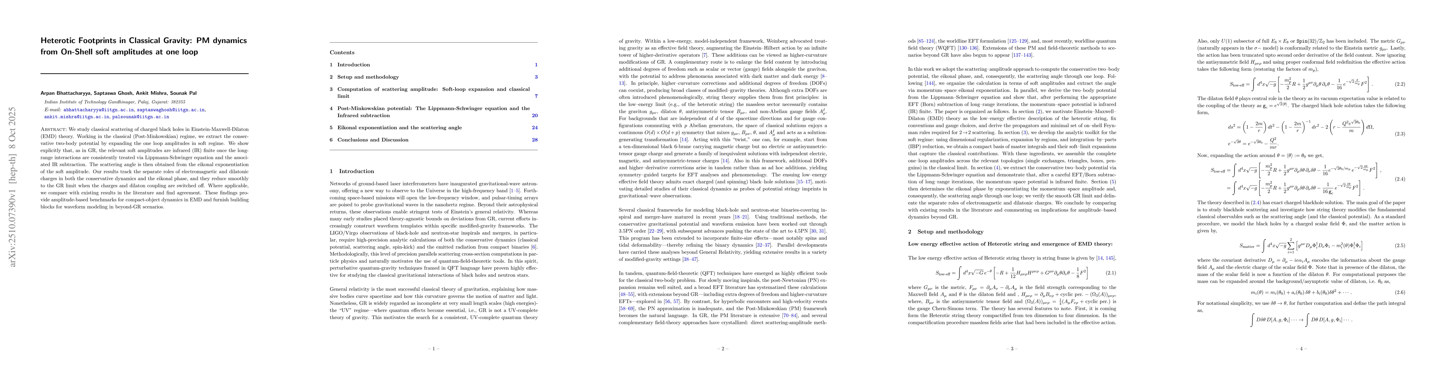 Thumbnail for Heterotic Footprints in Classical Gravity: PM dynamics from On-Shell
  soft amplitudes at one loop