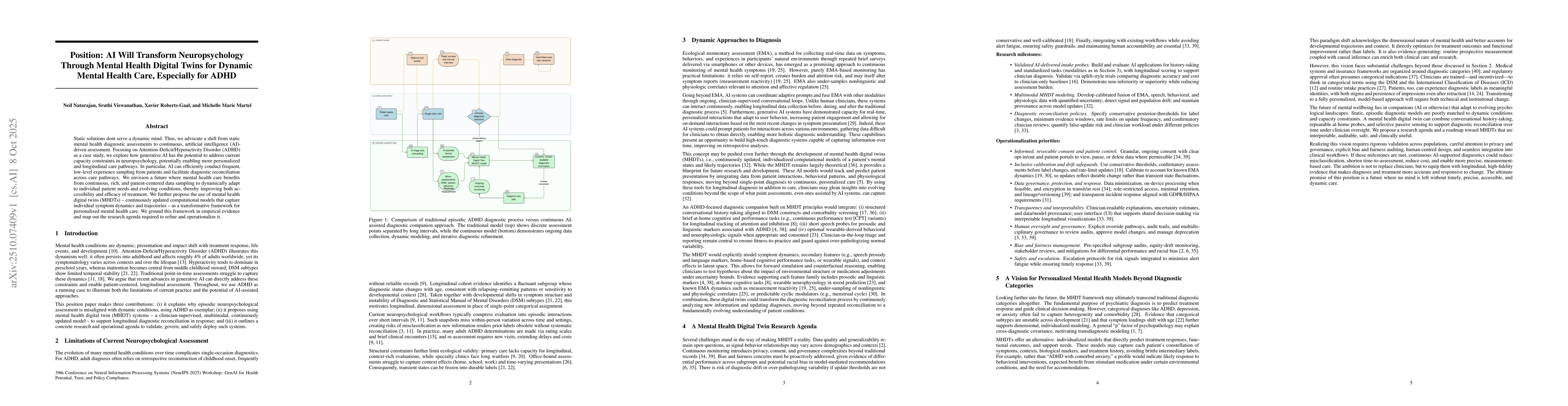 Thumbnail for Position: AI Will Transform Neuropsychology Through Mental Health
  Digital Twins for Dynamic Mental Health Care, Especially for ADHD