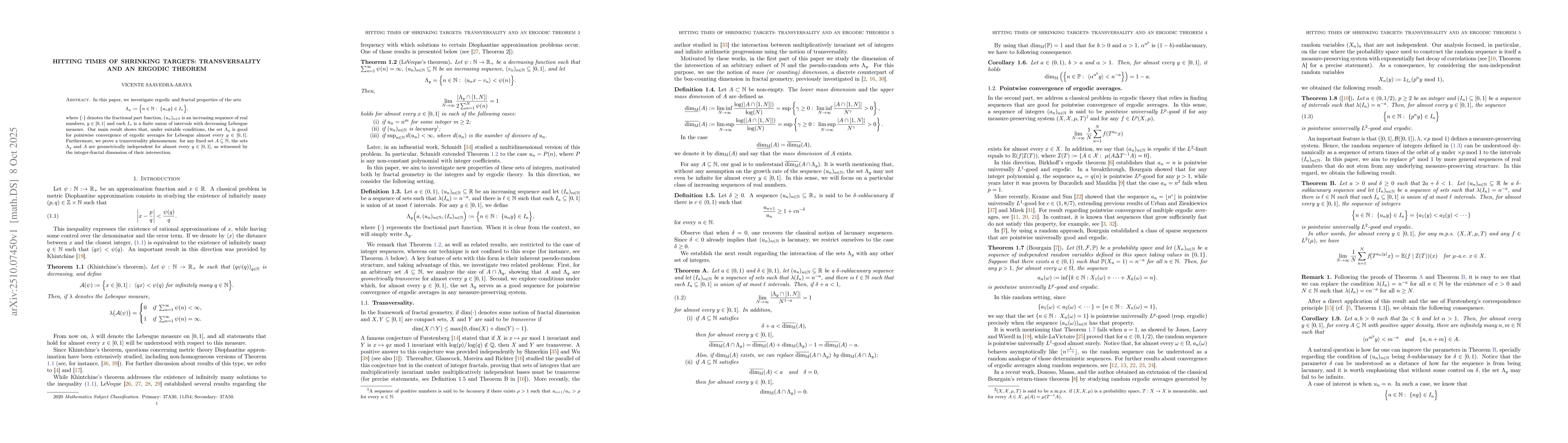 Thumbnail for Hitting times of shrinking targets: Transversality and an ergodic
  theorem