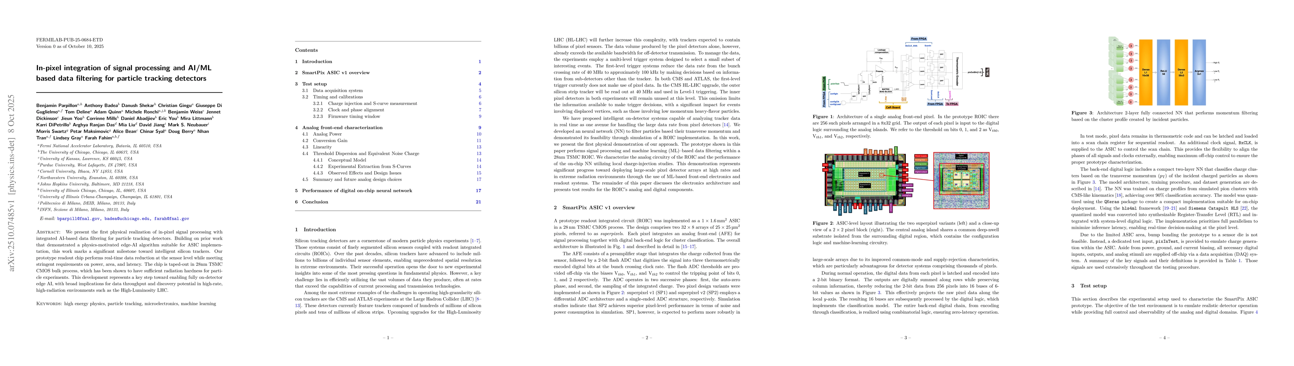 Thumbnail for In-pixel integration of signal processing and AI/ML based data filtering
  for particle tracking detectors
