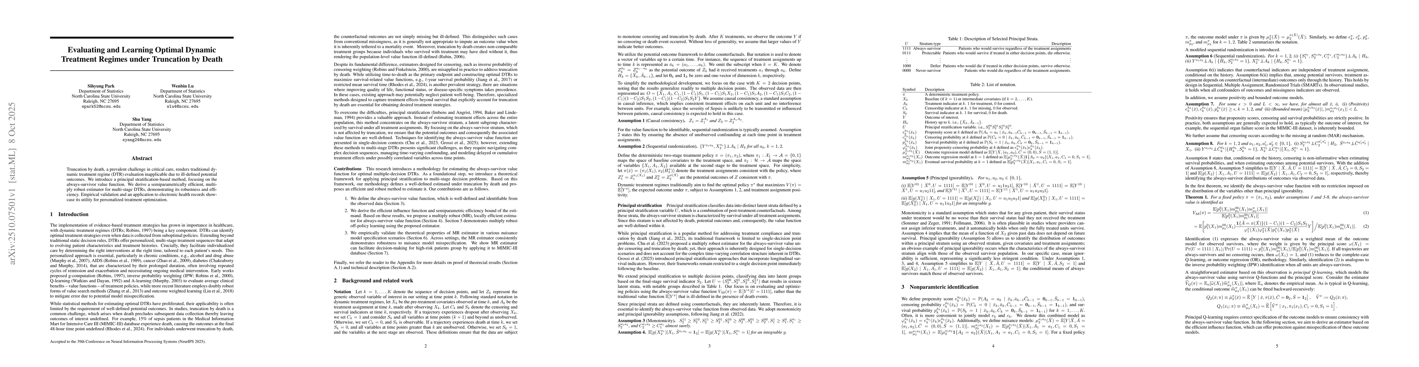 Thumbnail for Evaluating and Learning Optimal Dynamic Treatment Regimes under
  Truncation by Death