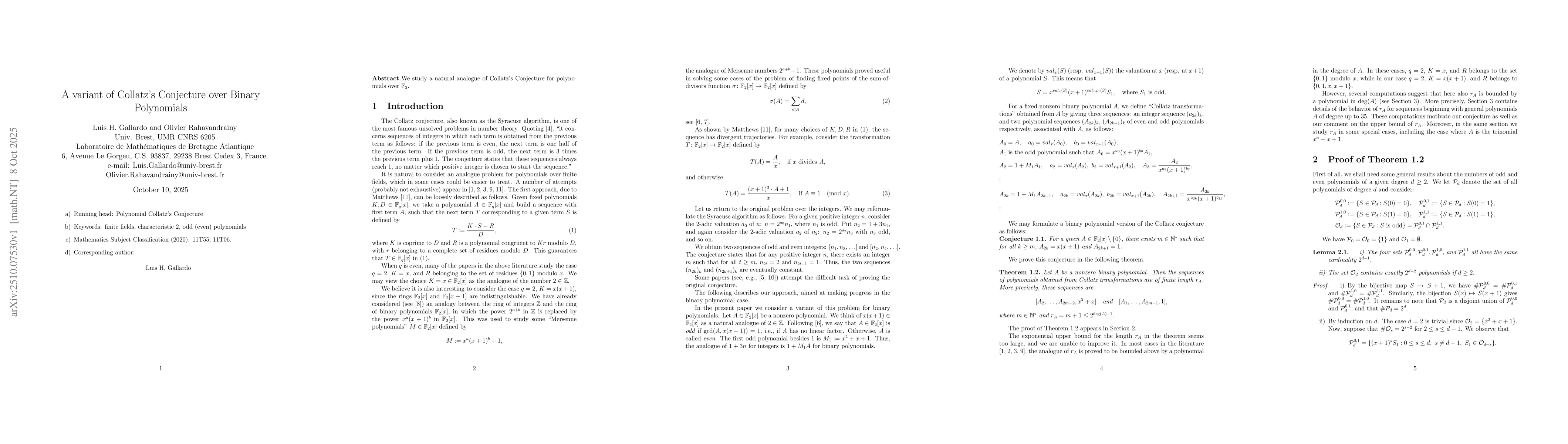 Thumbnail for A variant of Collatz's Conjecture over Binary Polynomials