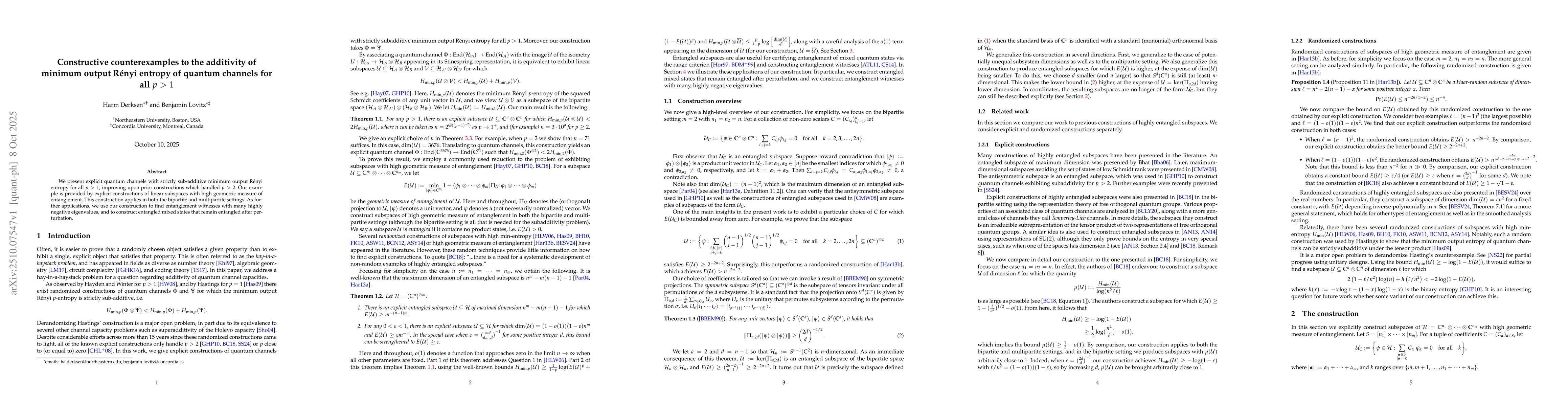 Thumbnail for Constructive counterexamples to the additivity of minimum output Rényi
  entropy of quantum channels for all $p>1$