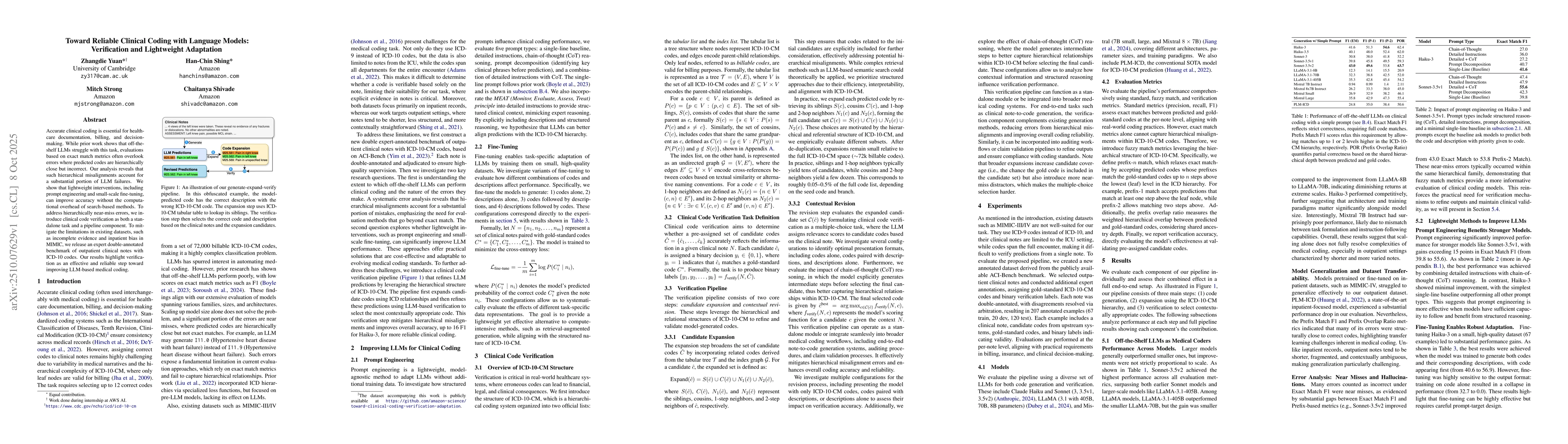 Thumbnail for Toward Reliable Clinical Coding with Language Models: Verification and
  Lightweight Adaptation