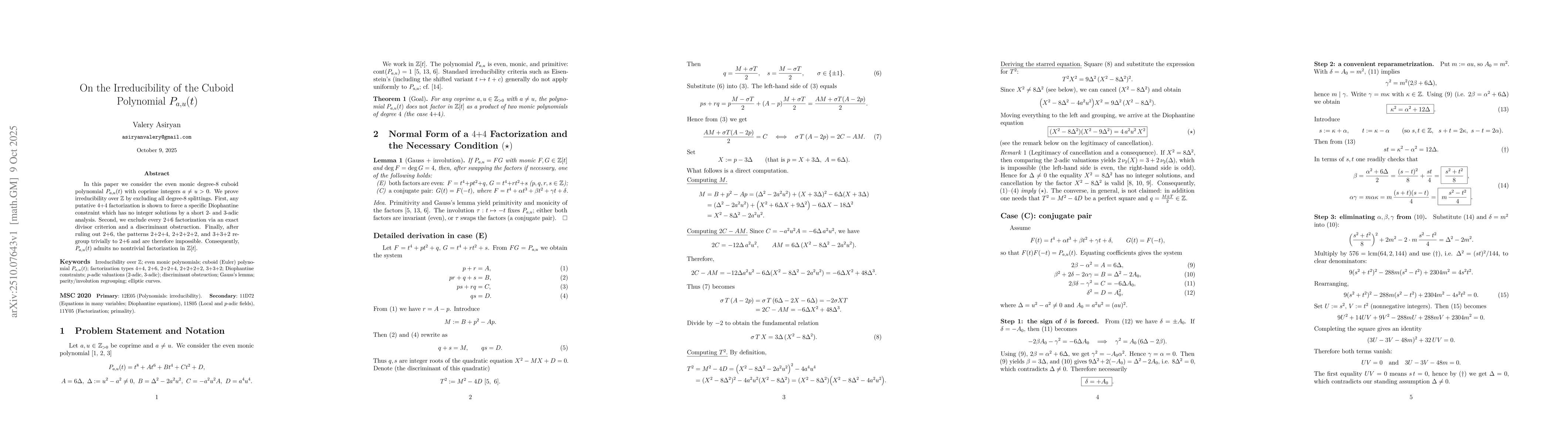 Thumbnail for On the Irreducibility of the Cuboid Polynomial $P_{a,u}(t)$