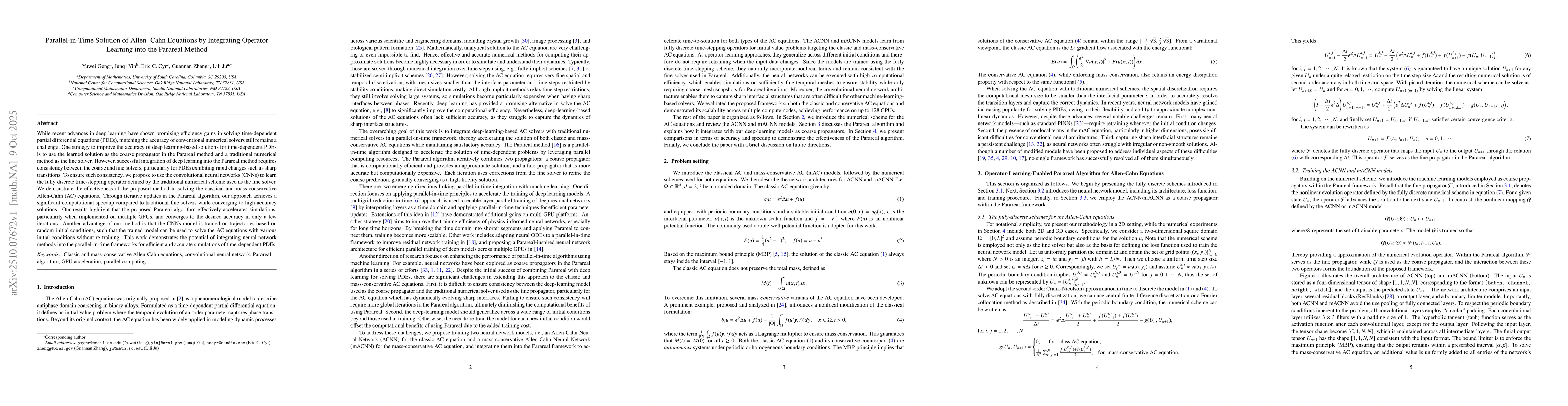 Thumbnail for Parallel-in-Time Solution of Allen-Cahn Equations by Integrating
  Operator Learning into the Parareal Method