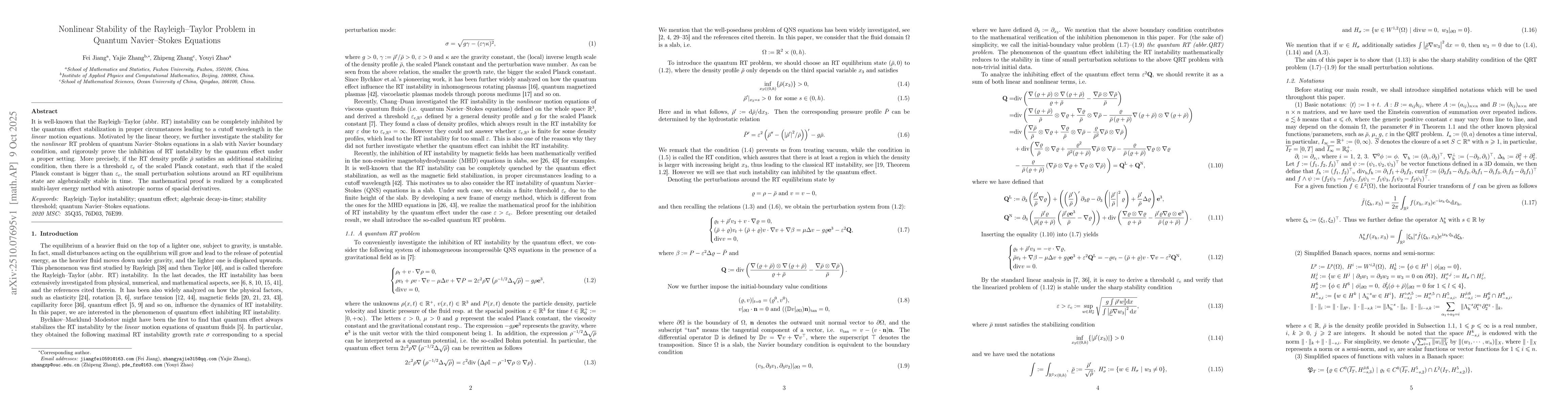 Thumbnail for Nonlinear Stability of the Rayleigh-Taylor Problem in Quantum
  Navier-Stokes Equations