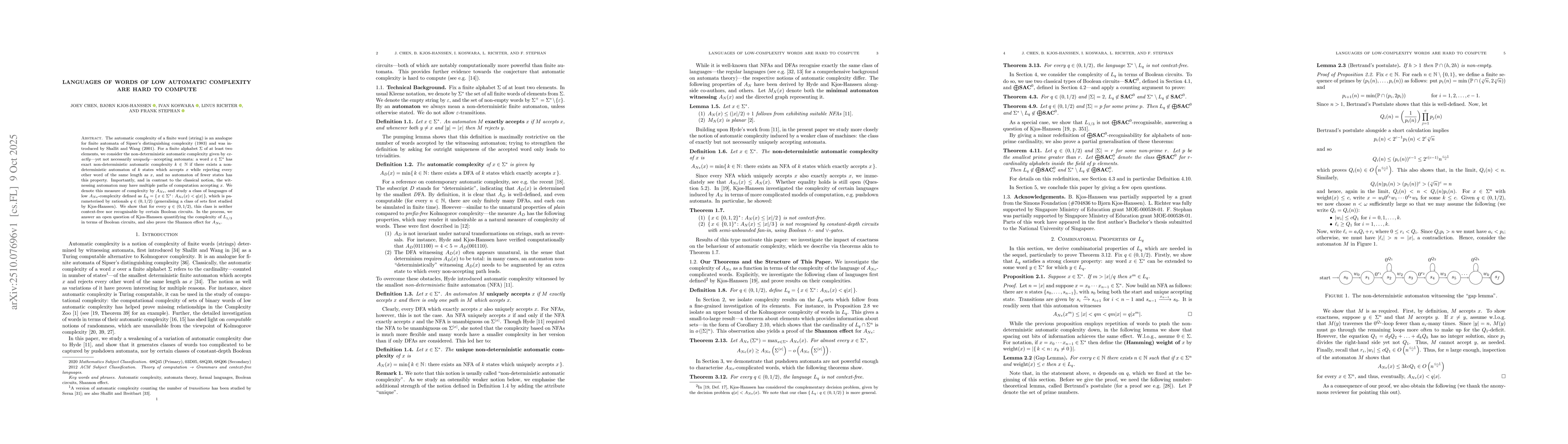 Thumbnail for Languages of Words of Low Automatic Complexity Are Hard to Compute