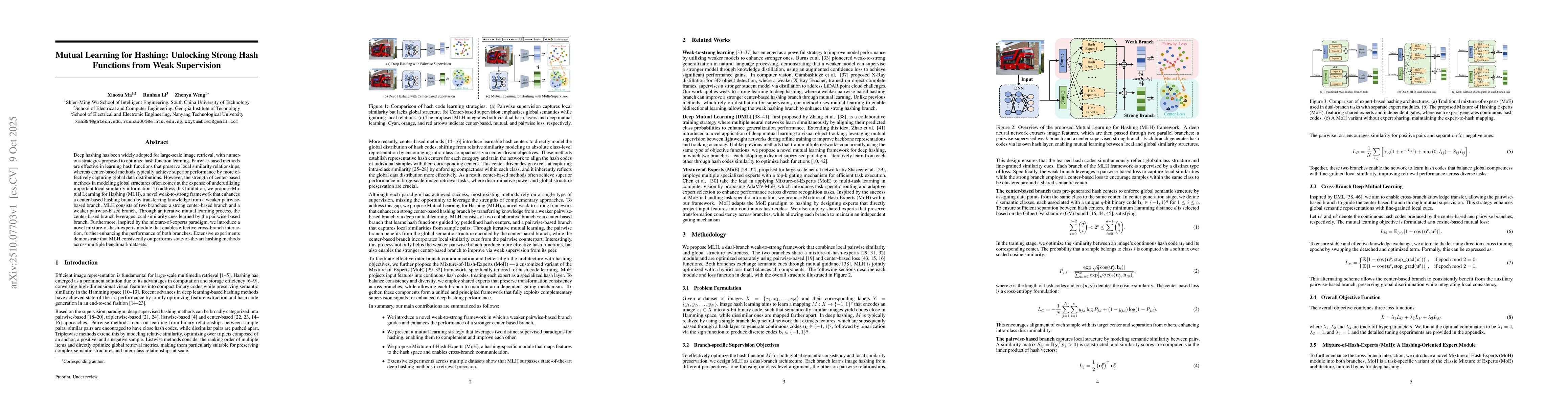 Thumbnail for Mutual Learning for Hashing: Unlocking Strong Hash Functions from Weak
  Supervision