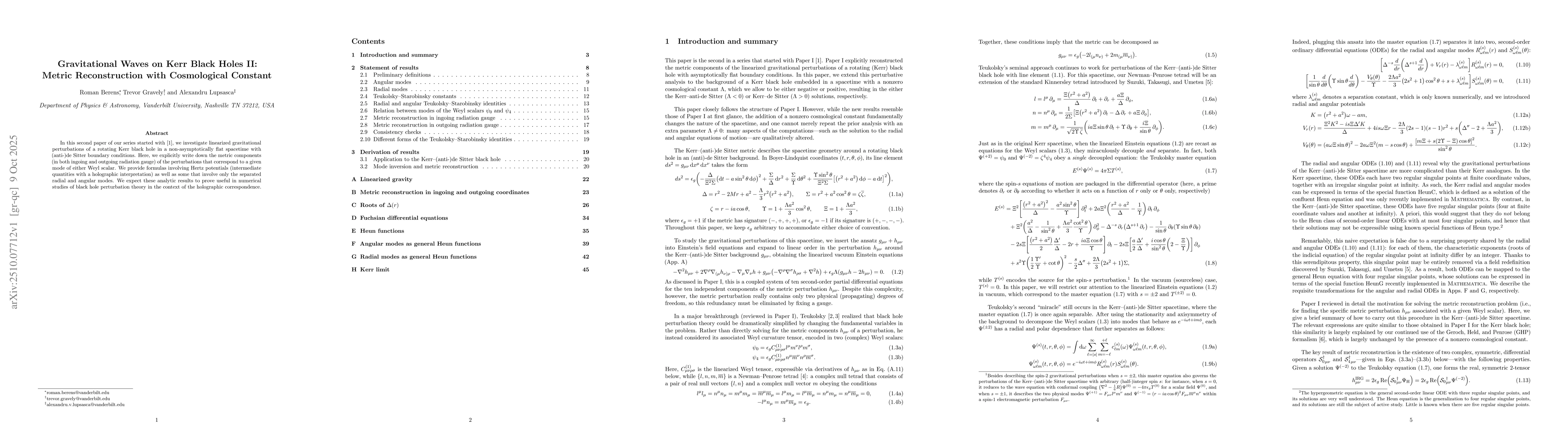 Thumbnail for Gravitational Waves on Kerr Black Holes II: Metric Reconstruction with
  Cosmological Constant