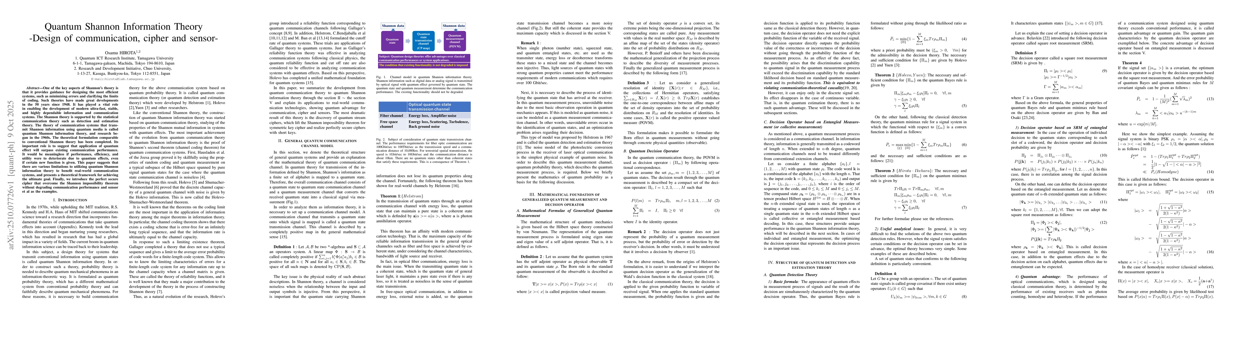 Thumbnail for Quantum Shannon Information Theory -Design of communication, cipher and
  sensor-