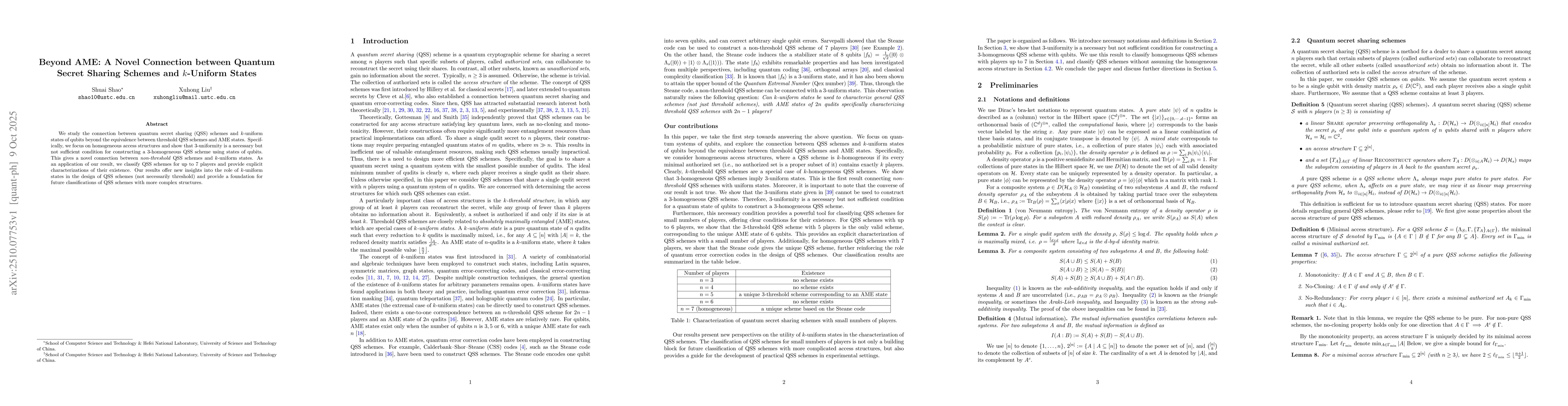Thumbnail for Beyond AME: A Novel Connection between Quantum Secret Sharing Schemes
  and $k$-Uniform States