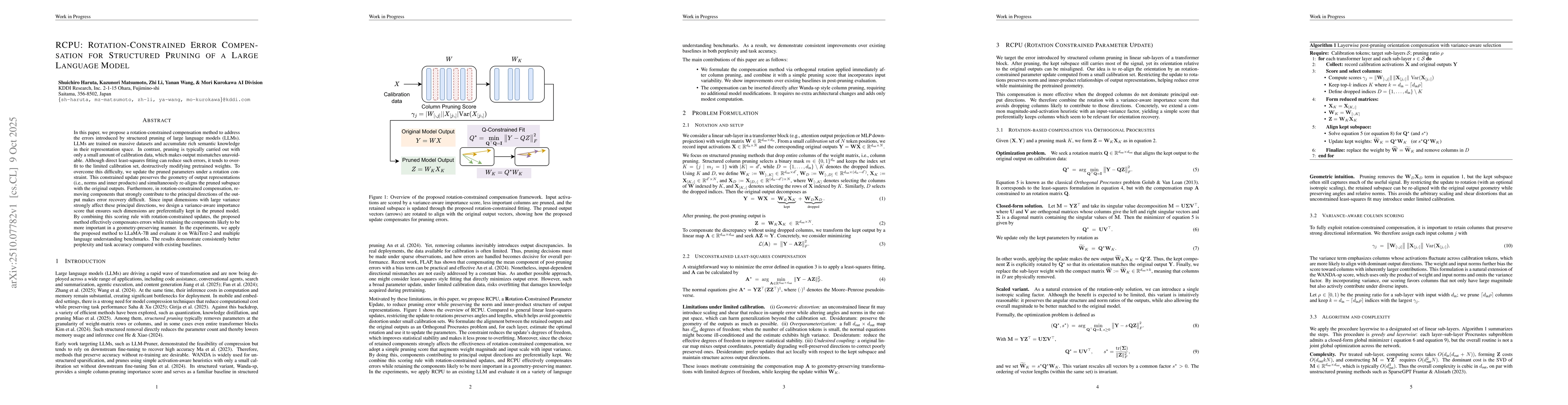 Thumbnail for RCPU: Rotation-Constrained Error Compensation for Structured Pruning of
  a Large Language Model