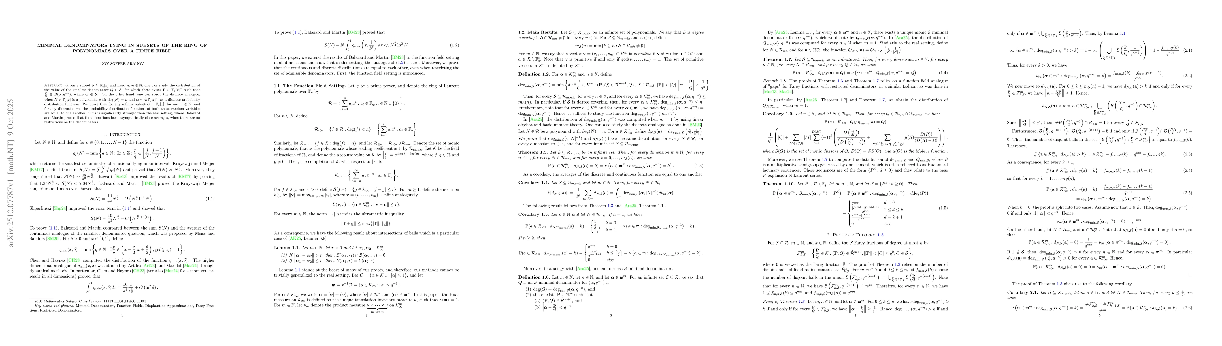 Thumbnail for Minimal Denominators Lying in Subsets of the Ring of Polynomials over a
  Finite Field