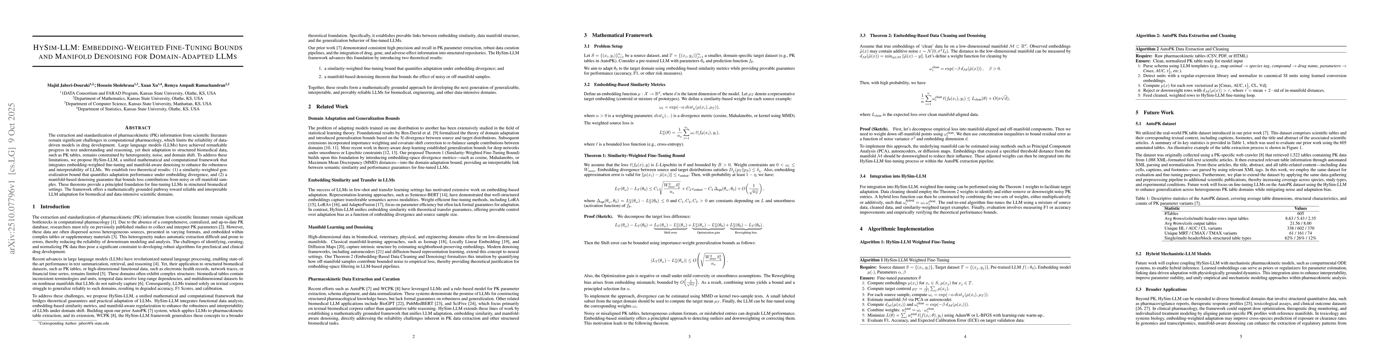 Thumbnail for HySim-LLM: Embedding-Weighted Fine-Tuning Bounds and Manifold Denoising
  for Domain-Adapted LLMs