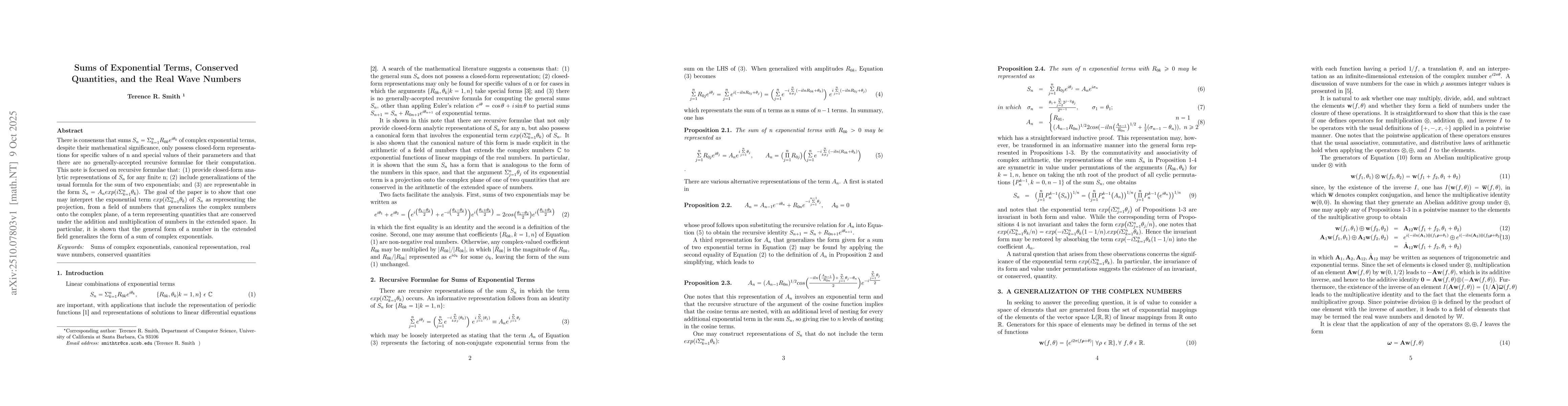 Thumbnail for Sums of Exponential Terms, Conserved Quantities, and the Real Wave
  Numbers
