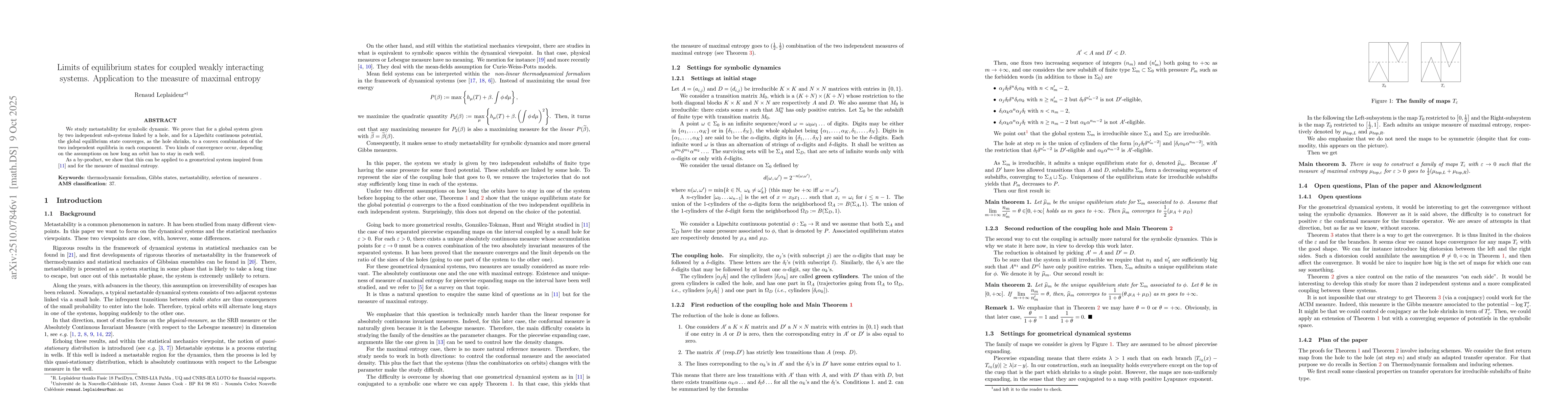 Thumbnail for Limits of equilibrium states for coupled weakly interacting systems.
  Application to the measure of maximal entropy