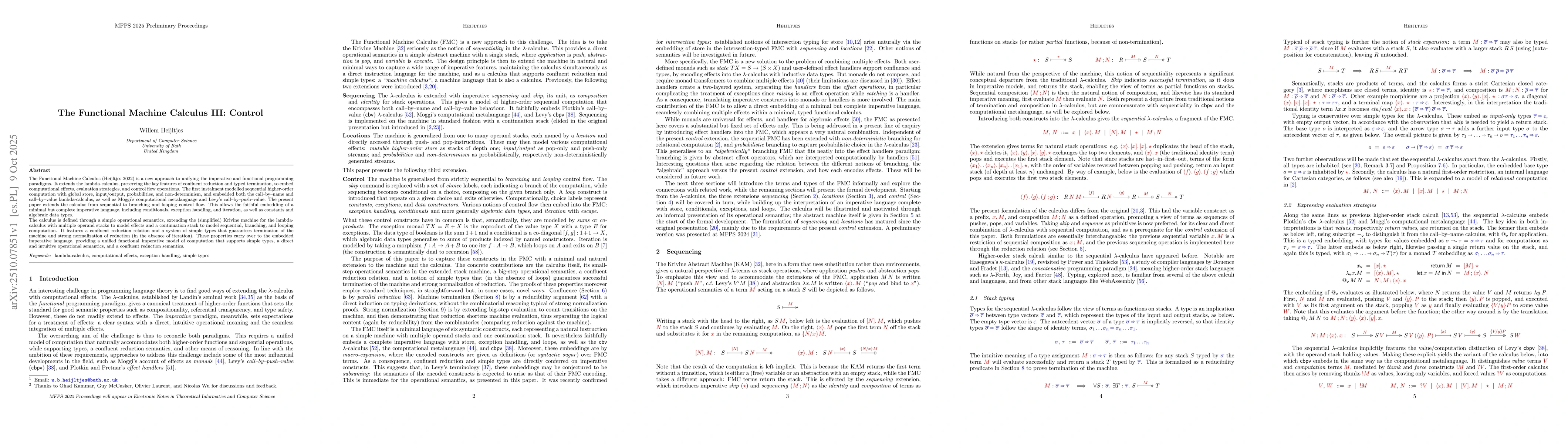 Thumbnail for The Functional Machine Calculus III: Control