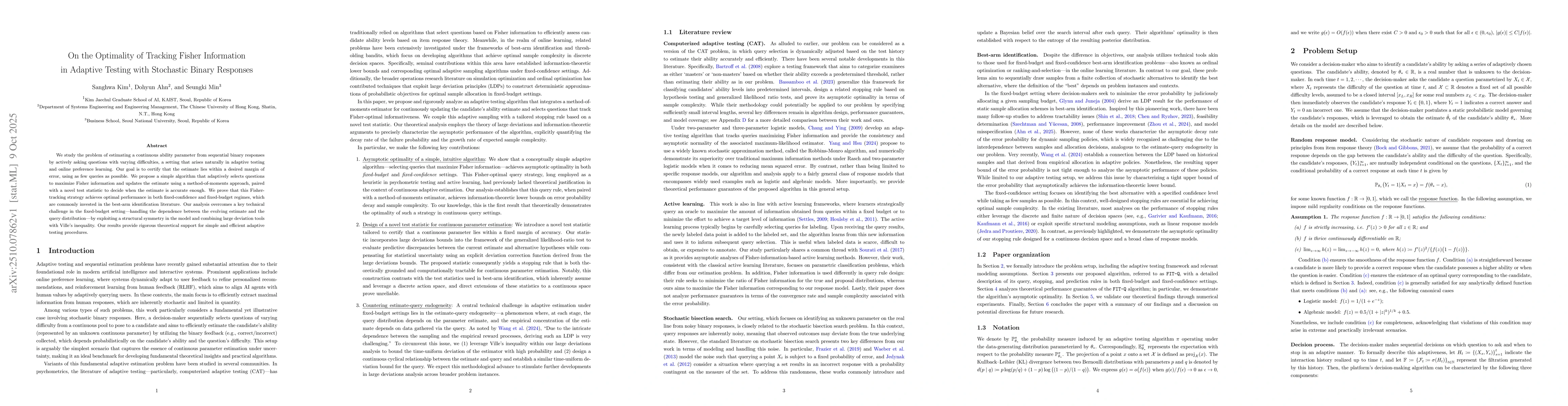 Thumbnail for On the Optimality of Tracking Fisher Information in Adaptive Testing
  with Stochastic Binary Responses