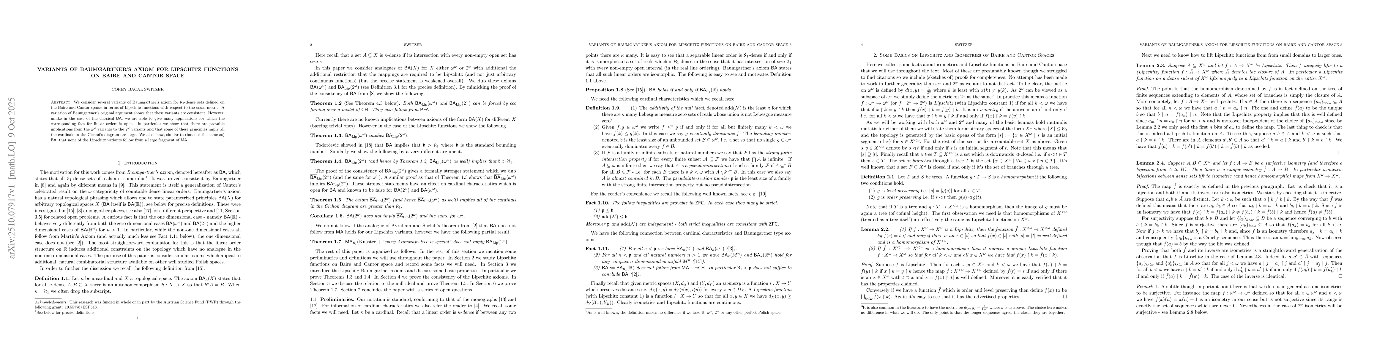 Thumbnail for Variants of Baumgartner's Axiom for Lipschitz Functions on Baire and
  Cantor Space