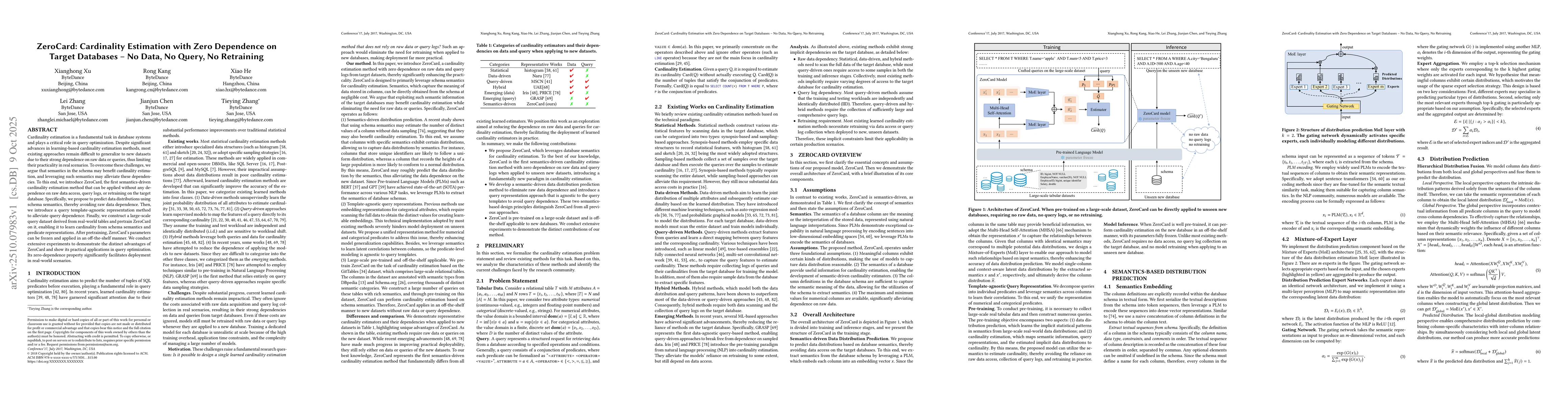Thumbnail for ZeroCard: Cardinality Estimation with Zero Dependence on Target
  Databases -- No Data, No Query, No Retraining