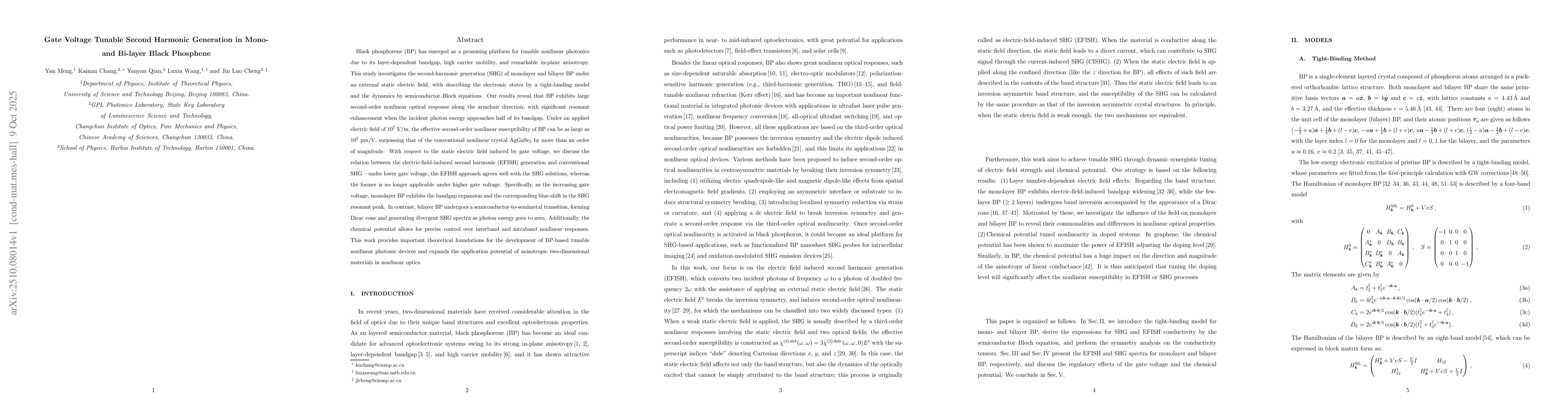 Thumbnail for Gate Voltage Tunable Second Harmonic Generation in Mono- and Bi-layer
  Black Phosphene