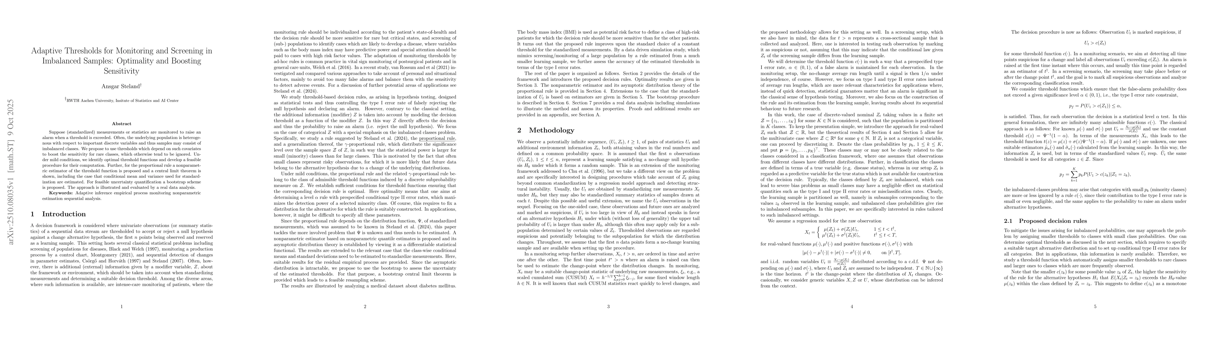 Thumbnail for Adaptive Thresholds for Monitoring and Screening in Imbalanced Samples:
  Optimality and Boosting Sensitivity