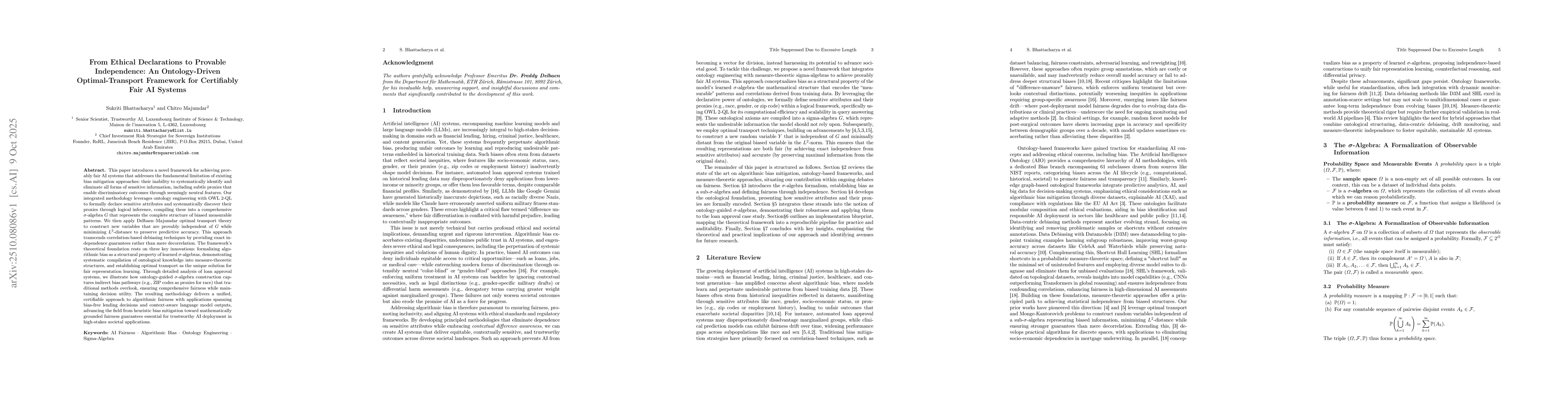 Thumbnail for From Ethical Declarations to Provable Independence: An Ontology-Driven
  Optimal-Transport Framework for Certifiably Fair AI Systems
