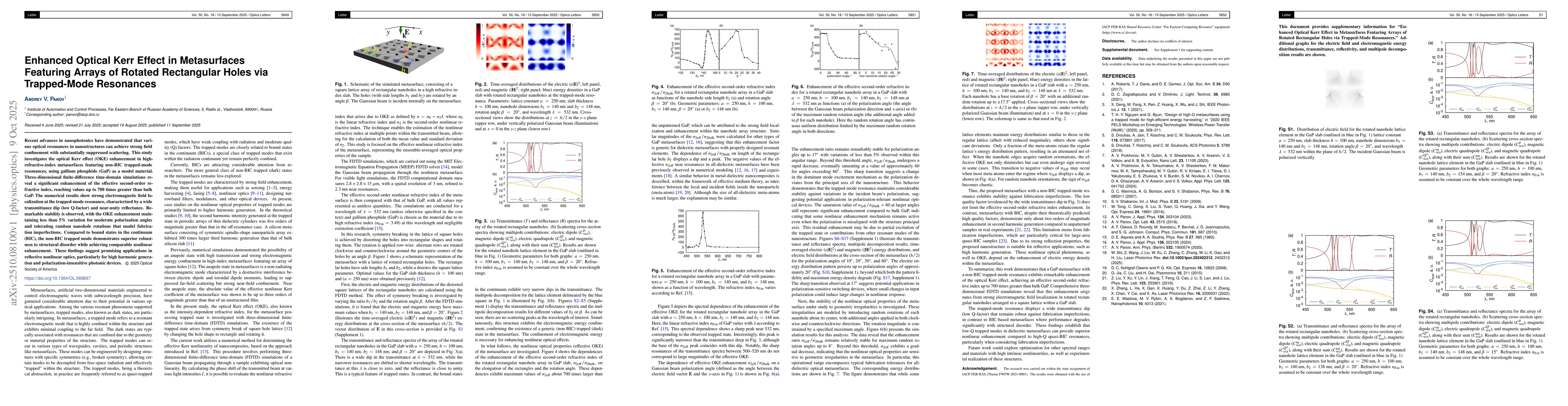 Thumbnail for Enhanced Optical Kerr Effect in Metasurfaces Featuring Arrays of Rotated
  Rectangular Holes via Trapped-Mode Resonances