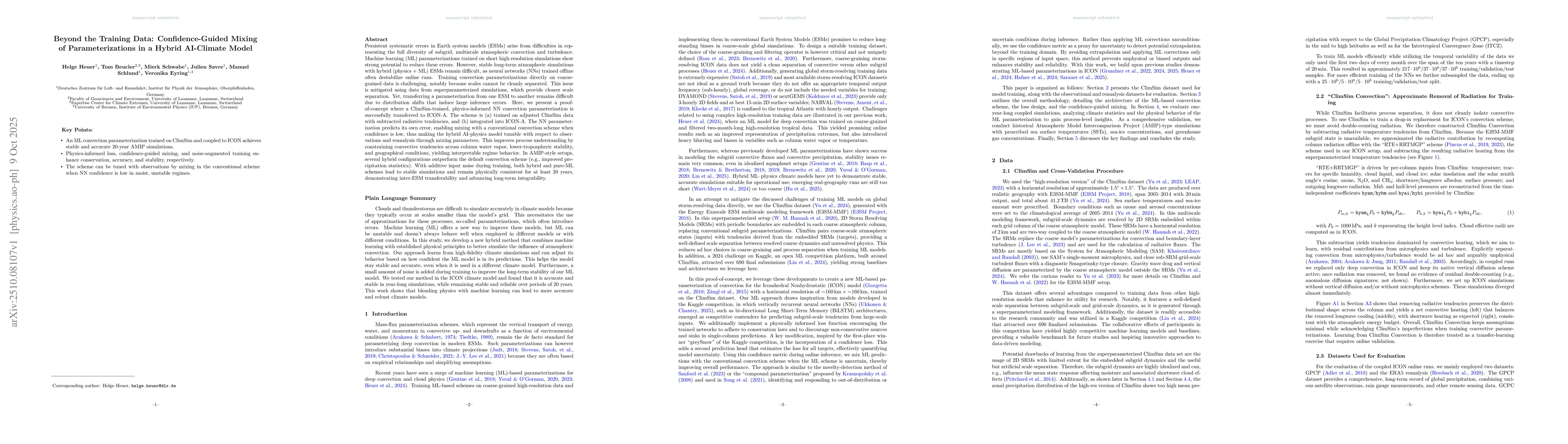 Thumbnail for Beyond the Training Data: Confidence-Guided Mixing of Parameterizations
  in a Hybrid AI-Climate Model