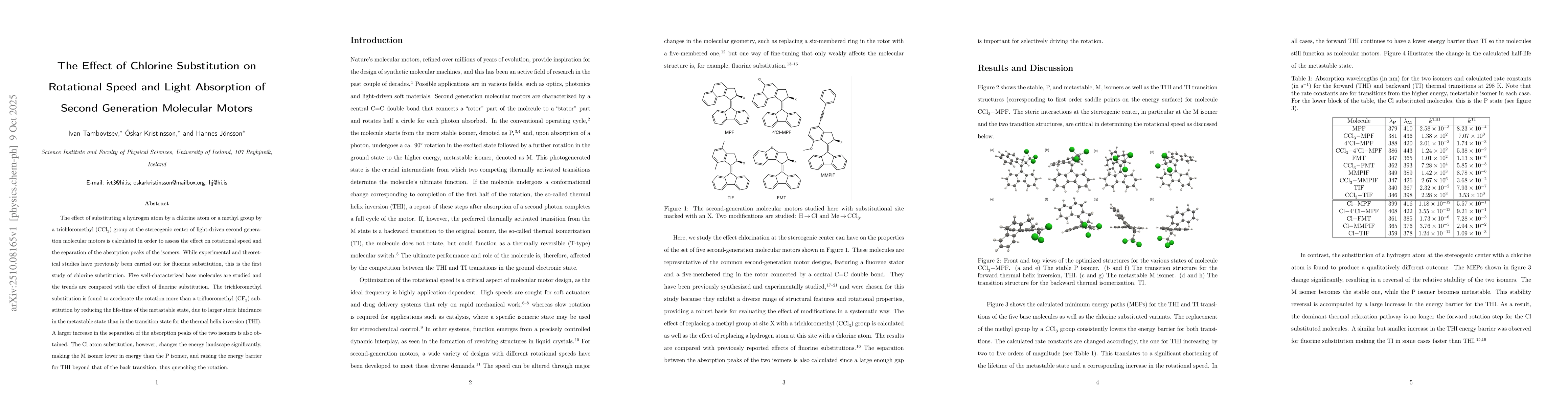 Thumbnail for The Effect of Chlorine Substitution on Rotational Speed and Light
  Absorption of Second Generation Molecular Motors