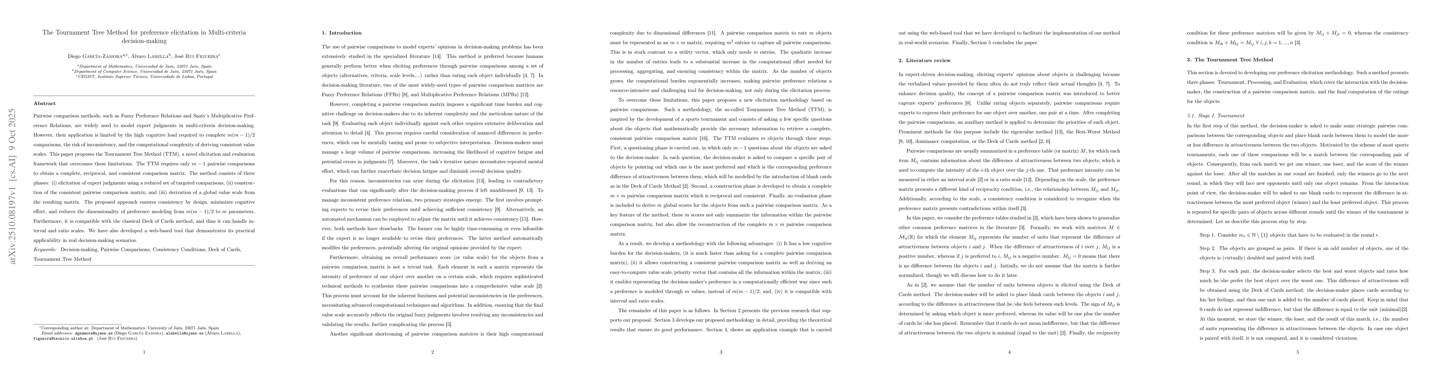 Thumbnail for The Tournament Tree Method for preference elicitation in Multi-criteria
  decision-making
