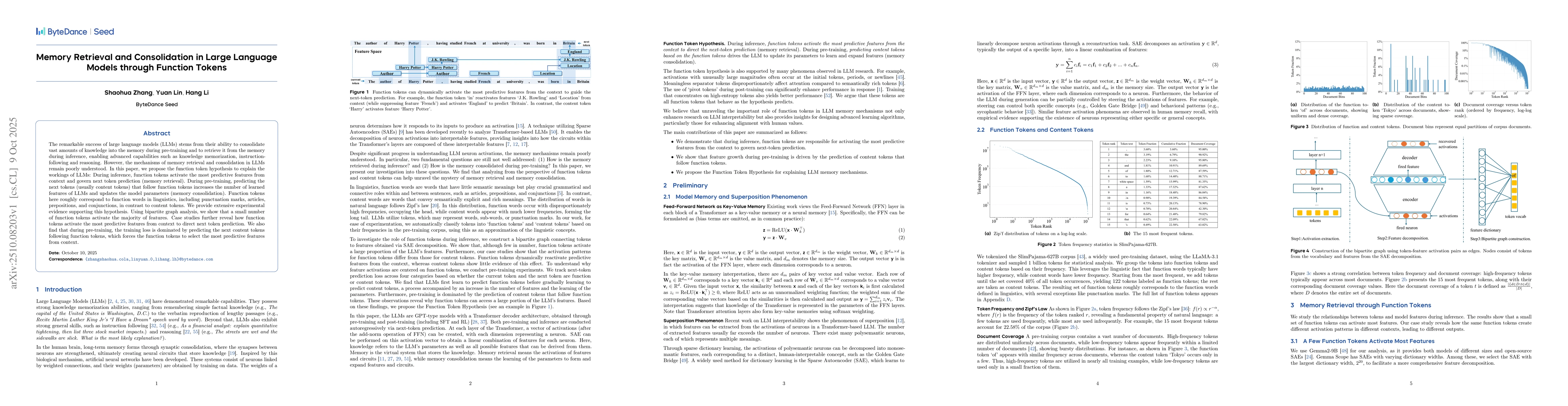 Thumbnail for Memory Retrieval and Consolidation in Large Language Models through
  Function Tokens