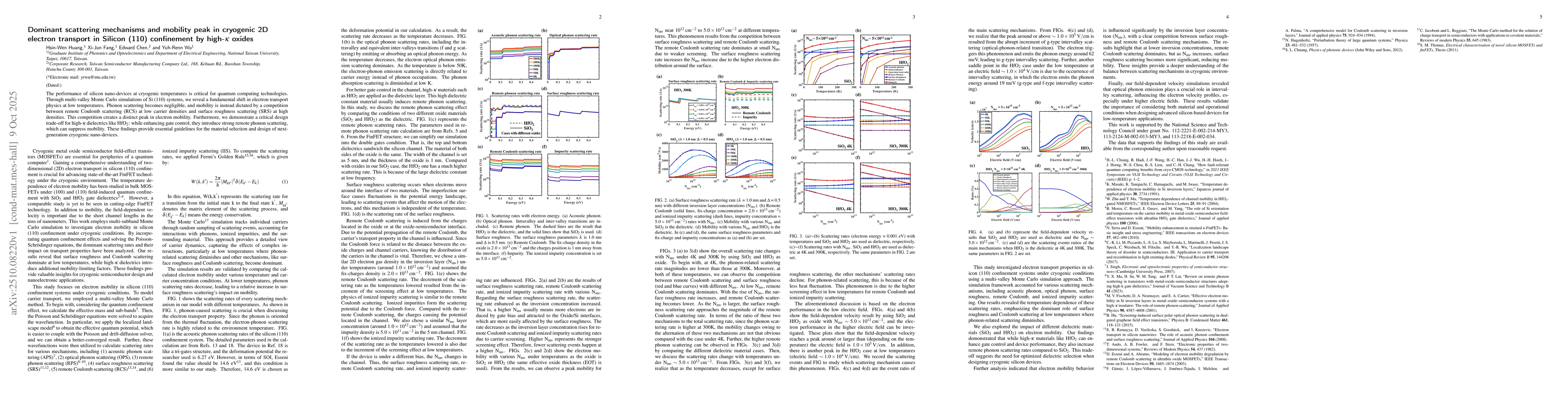 Thumbnail for Dominant scattering mechanisms and mobility peak in cryogenic 2D
  electron transport in Silicon (110) confinement by high-k oxides