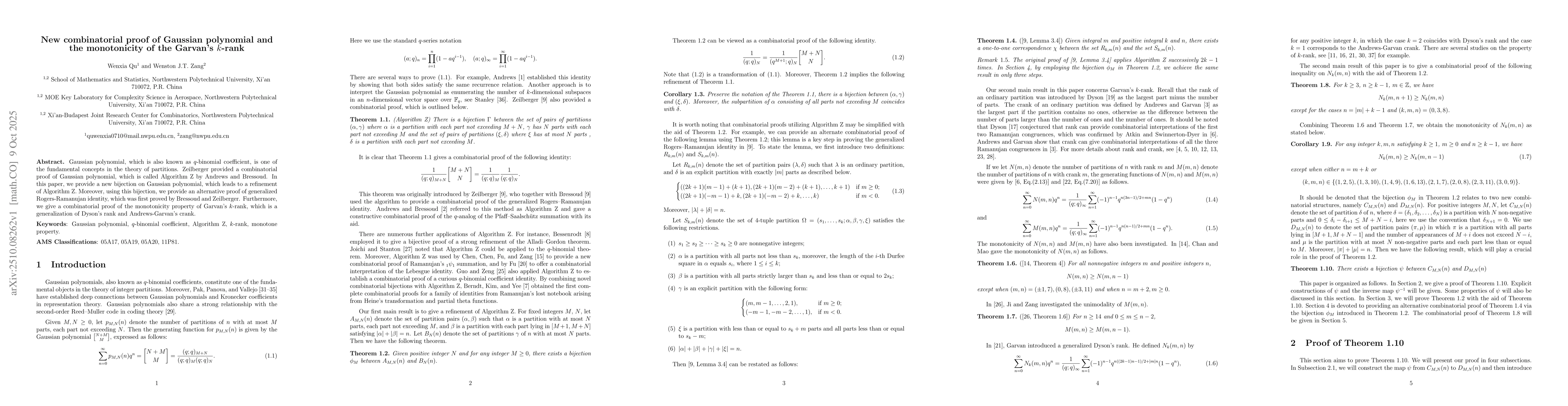 Thumbnail for New combinatorial proof of Gaussian polynomial and the monotonicity of
  the Garvan's $k$-rank
