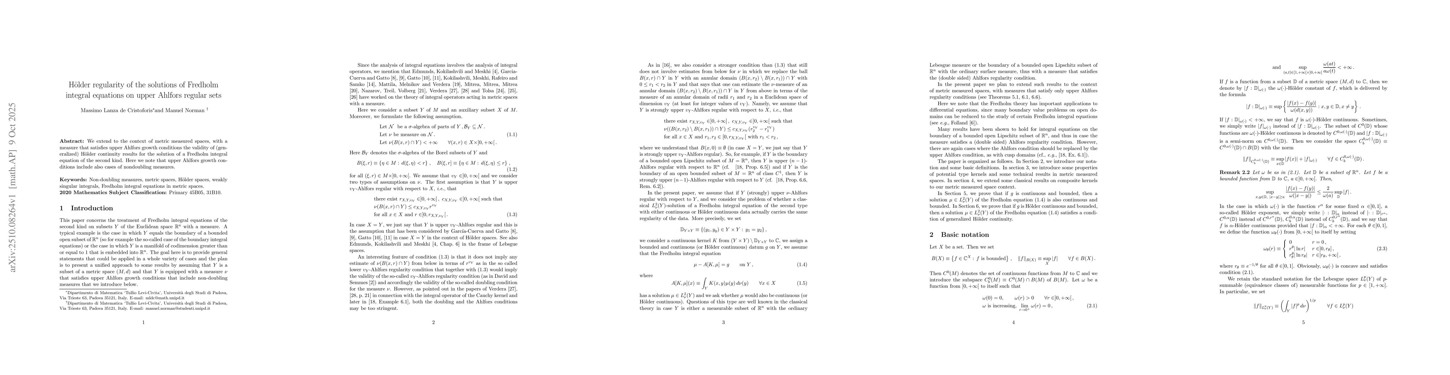 Thumbnail for Hölder regularity of the solutions of Fredholm integral equations on
  upper Ahlfors regular sets