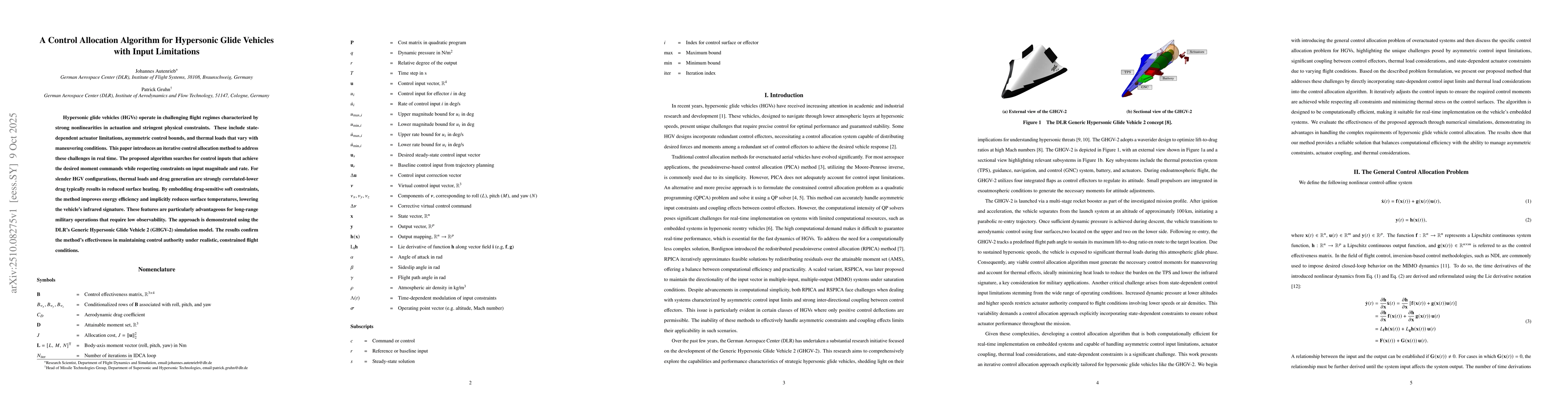 Thumbnail for A Control Allocation Algorithm for Hypersonic Glide Vehicles with Input
  Limitations
