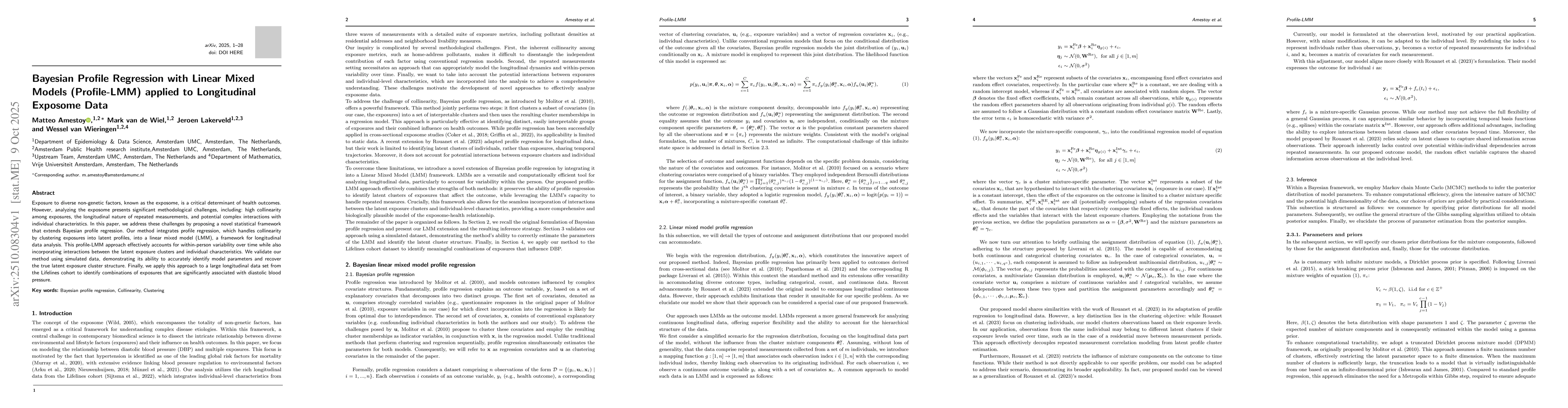 Thumbnail for Bayesian Profile Regression with Linear Mixed Models (Profile-LMM)
  applied to Longitudinal Exposome Data