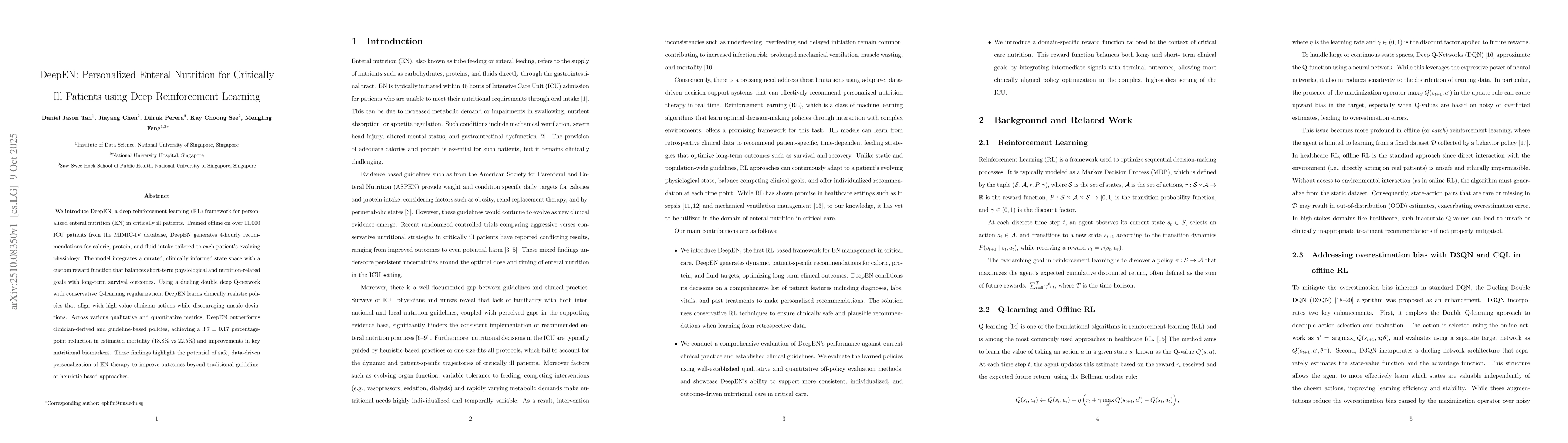 Thumbnail for DeepEN: Personalized Enteral Nutrition for Critically Ill Patients using
  Deep Reinforcement Learning