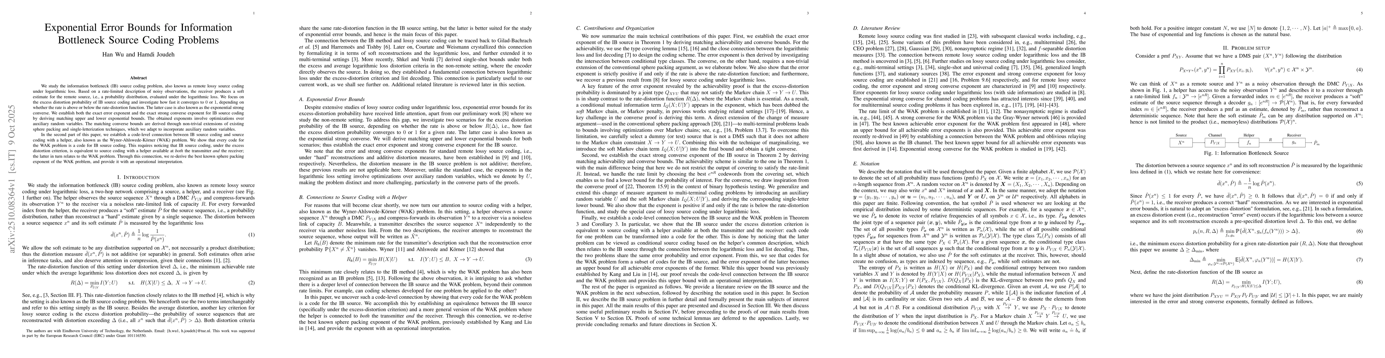 Thumbnail for Exponential Error Bounds for Information Bottleneck Source Coding
  Problems