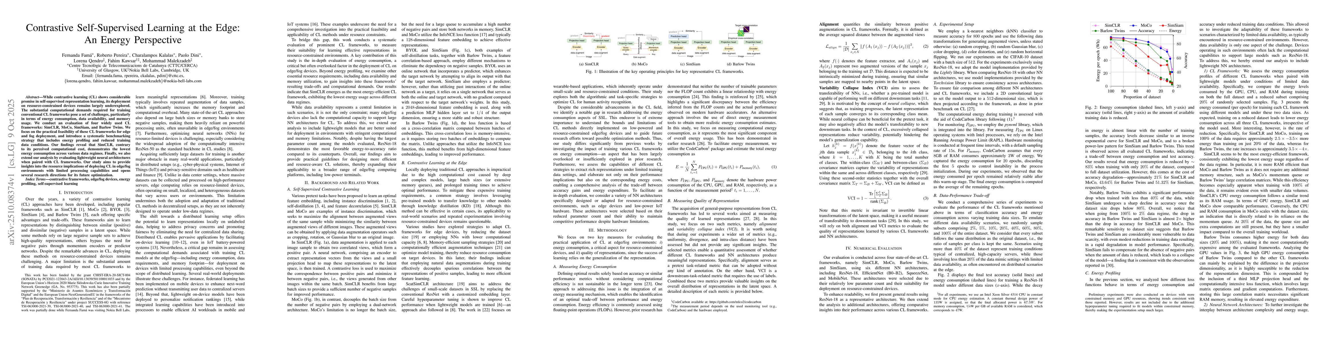 Thumbnail for Contrastive Self-Supervised Learning at the Edge: An Energy Perspective