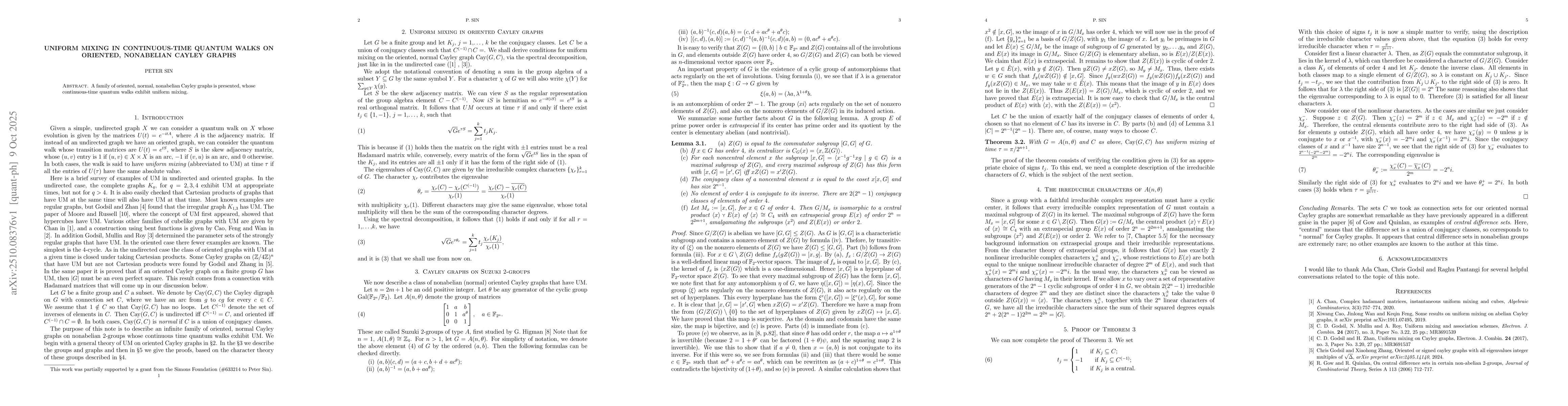 Thumbnail for Uniform mixing in continuous-time quantum walks on oriented, nonabelian
  Cayley graphs