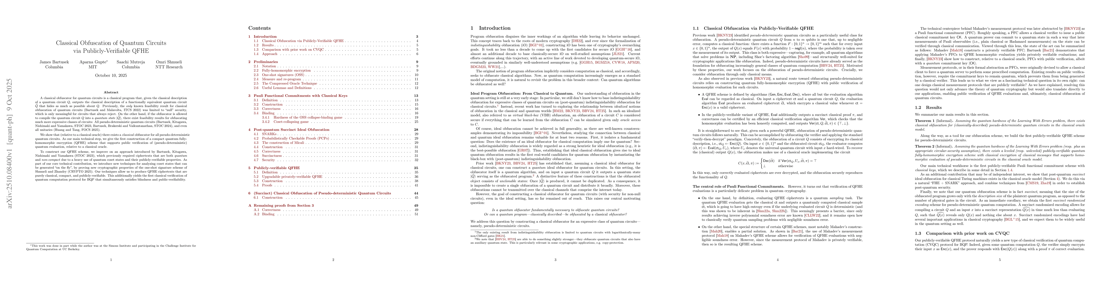 Thumbnail for Classical Obfuscation of Quantum Circuits via Publicly-Verifiable QFHE