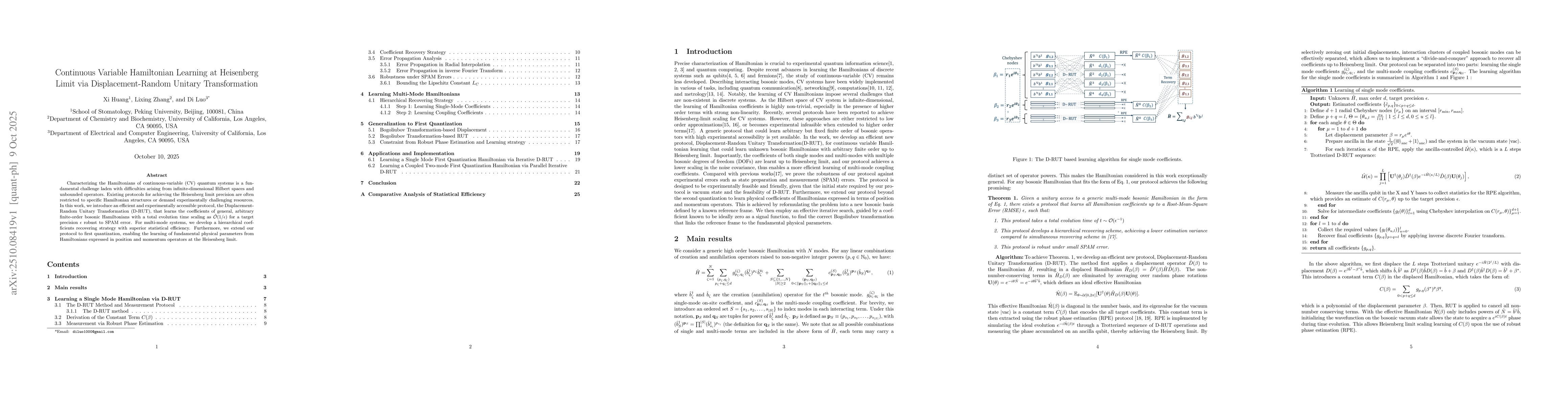 Thumbnail for Continuous Variable Hamiltonian Learning at Heisenberg Limit via
  Displacement-Random Unitary Transformation