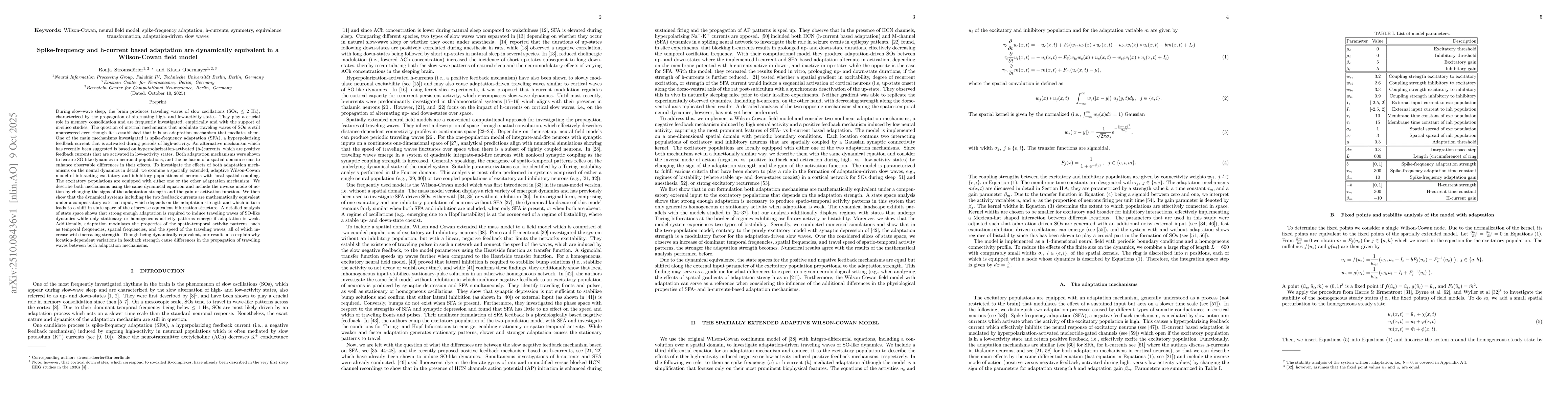 Thumbnail for Spike-frequency and h-current based adaptation are dynamically
  equivalent in a Wilson-Cowan field model