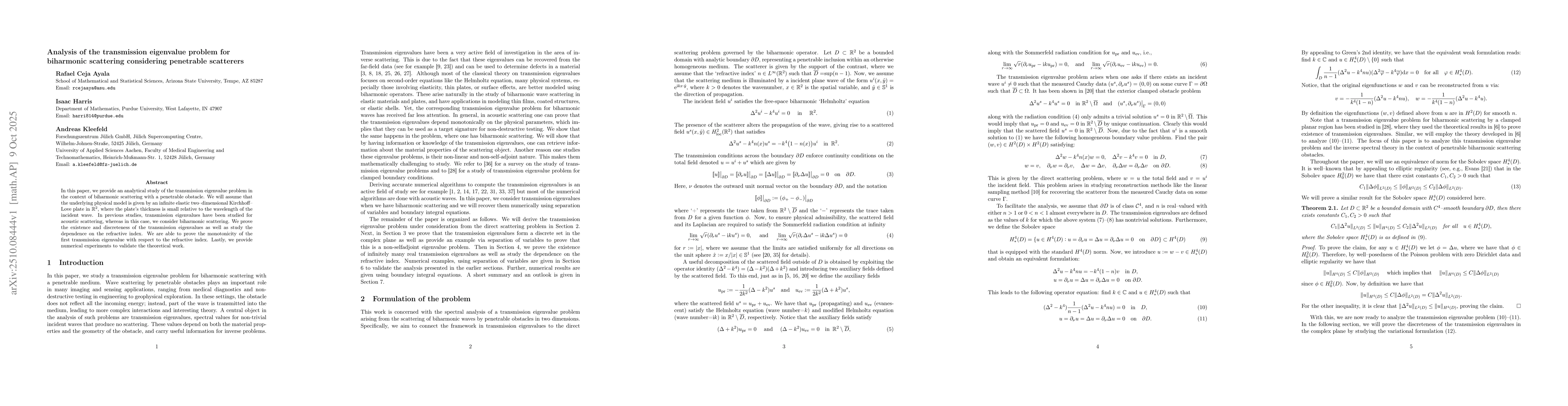 Thumbnail for Analysis of the transmission eigenvalue problem for biharmonic
  scattering considering penetrable scatterers